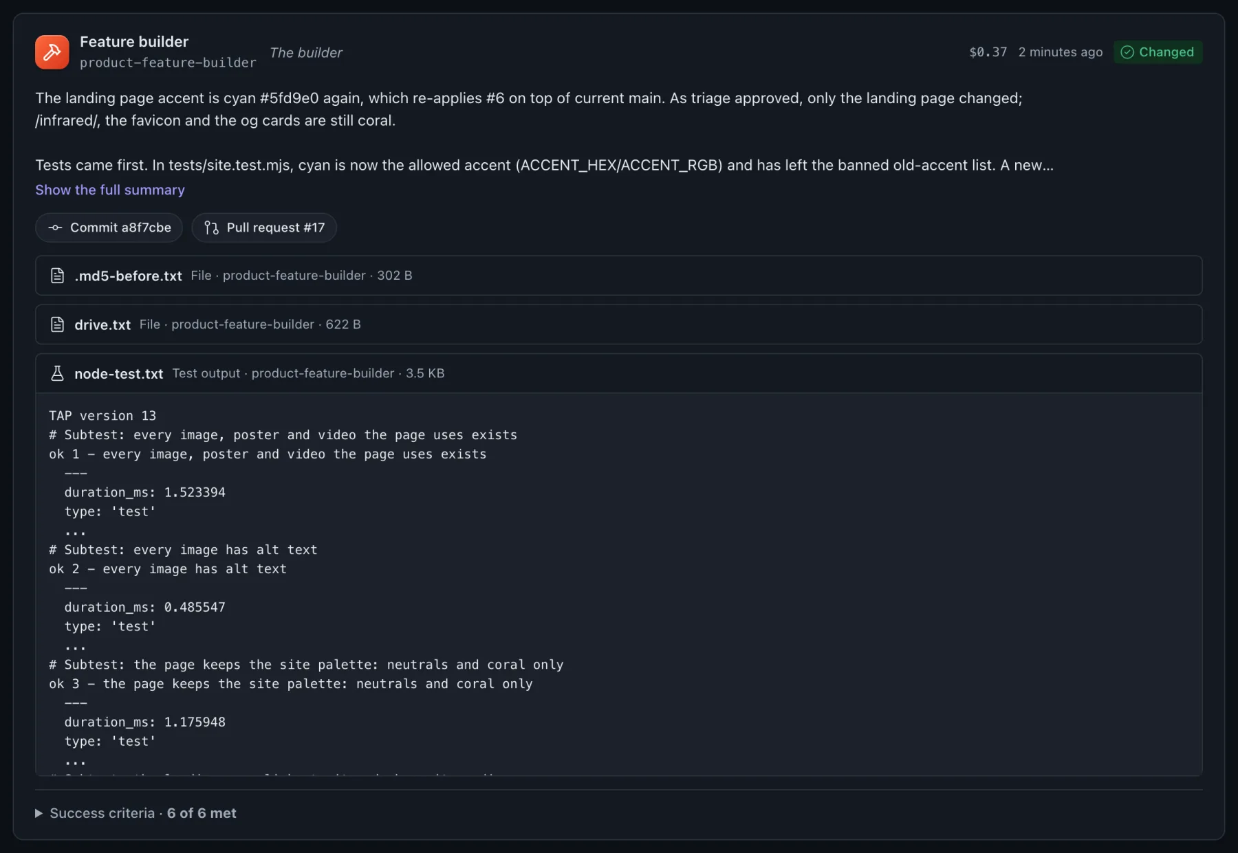 The Feature builder's verdict: Changed, its summary, the commit, pull request #17 and its test output