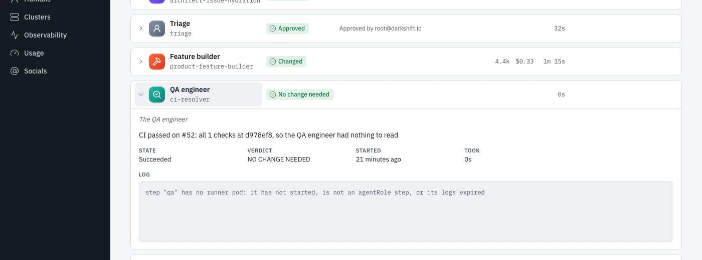 The QA engineer step ended No change needed because CI passed on the pull request, with no agent run