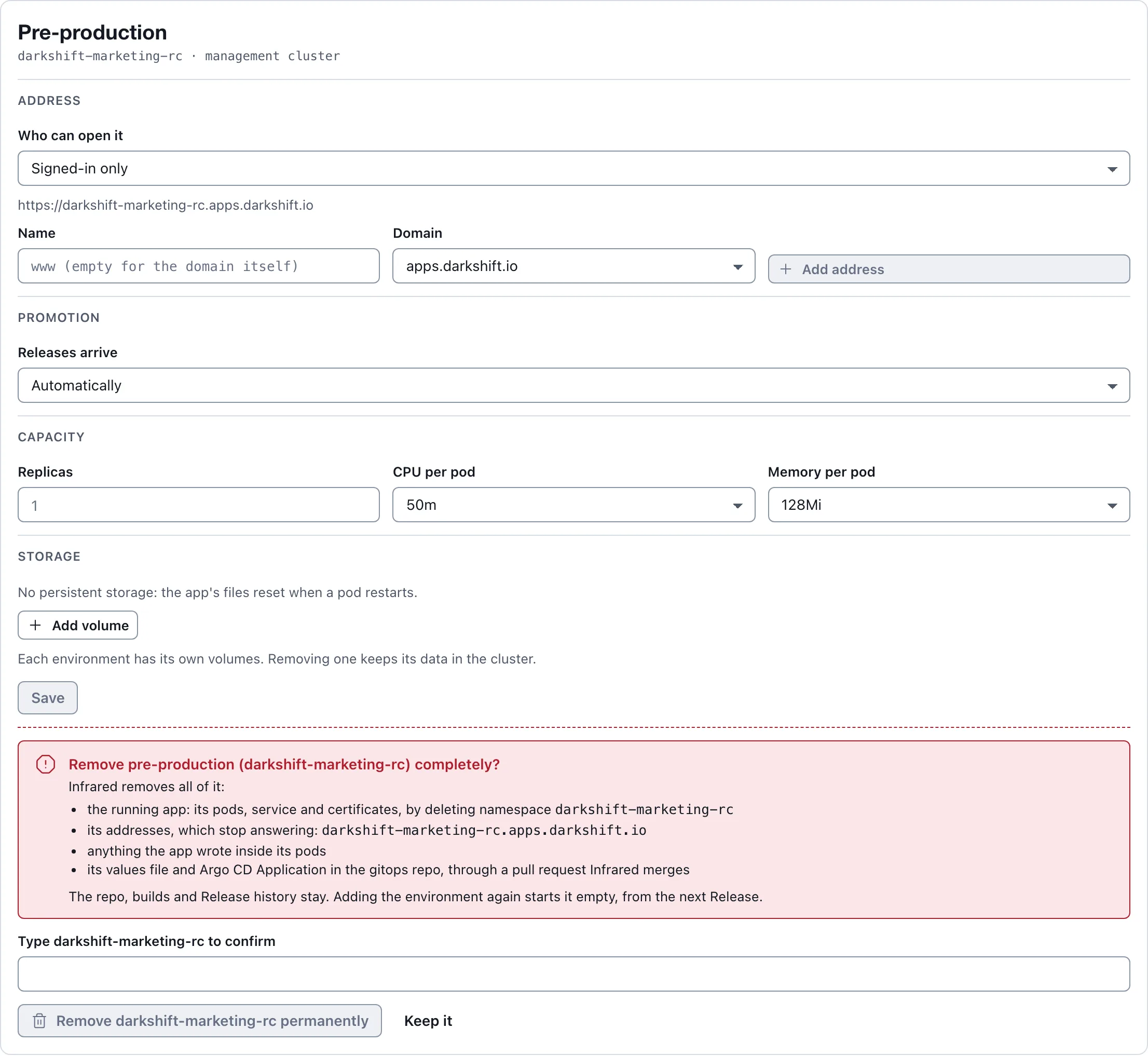 An environment's card with the removal warning open: what goes with it, the name to type, and Remove permanently