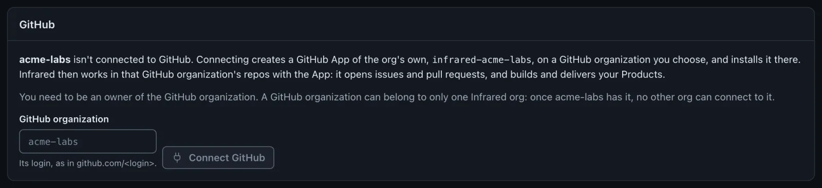 Settings → GitHub for an org with no connection: what connecting does, the GitHub organization field and Connect GitHub