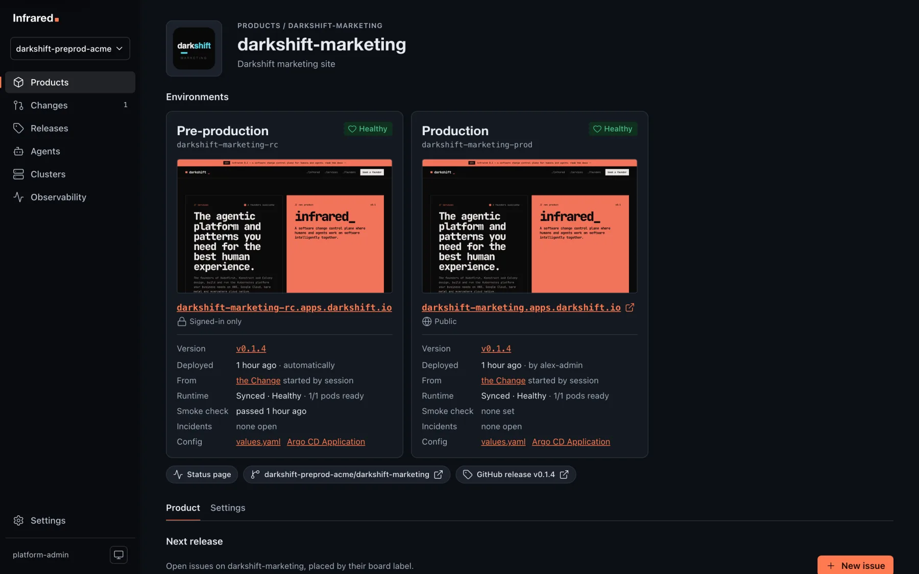 A Product's page: its environments, the next release board, its Releases and its repo activity