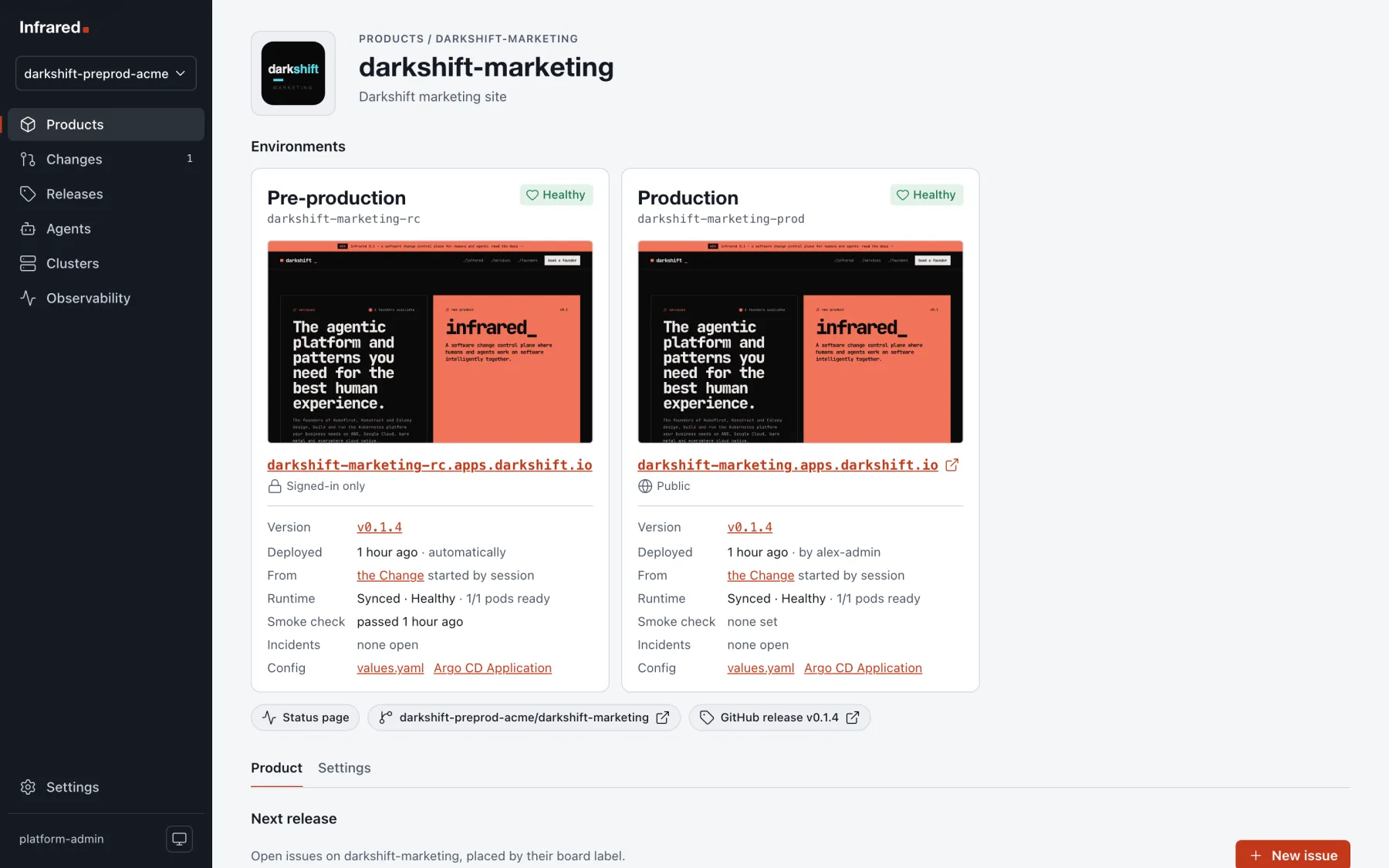 A Product's page: its environments, the next release board, its Releases and its repo activity