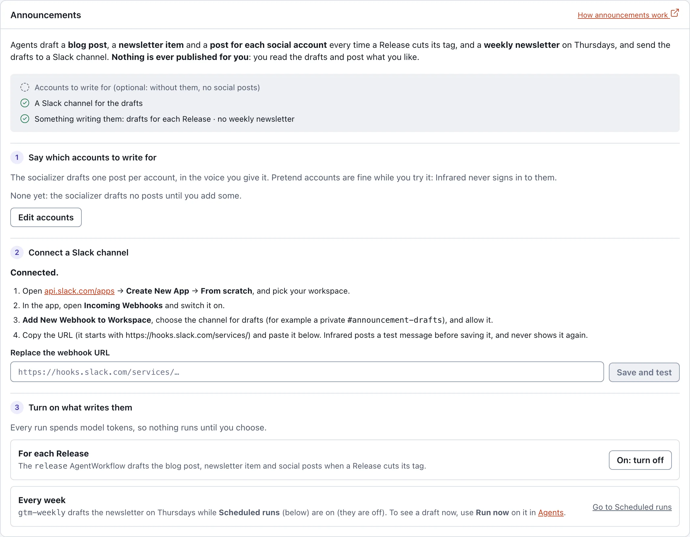 The Announcements panel in Settings: the checklist, then the three steps (accounts, Slack channel, what writes the drafts)